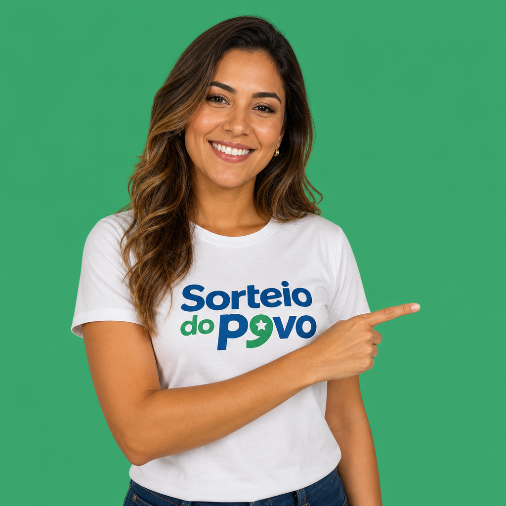Apresentadora do Sorteio do Povo apontando para a chamada do programa de indicação